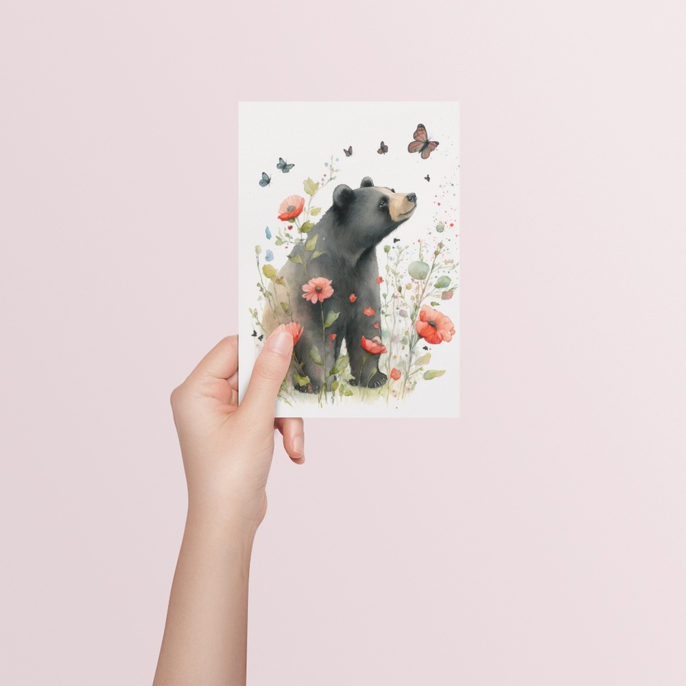 Watercolor Floral Black Bear Portrait Wall Art Illustration Print Unframed - Picture 5 of 6